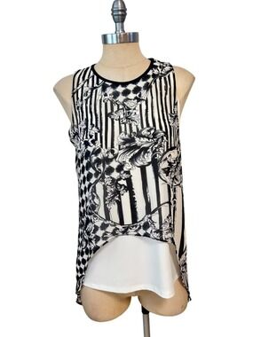 Scapa Lauren Perre Black & White Sheer Sleeveless Printed High-Low Top Small